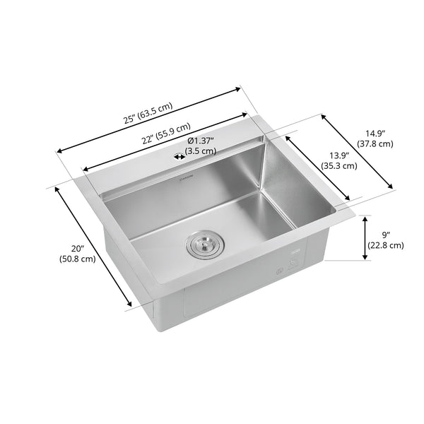 Ancona évier poste de travail de cuisine de 25” à cuve unique à montage en surface ou sous plan en acier inoxydable satiné
