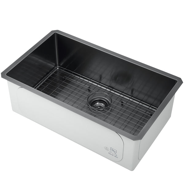 Évier simple sous plan en acier inoxydable de la gamme Prestige (76,2 cm [30 po]) avec grille et crépine en noir PVD Nano