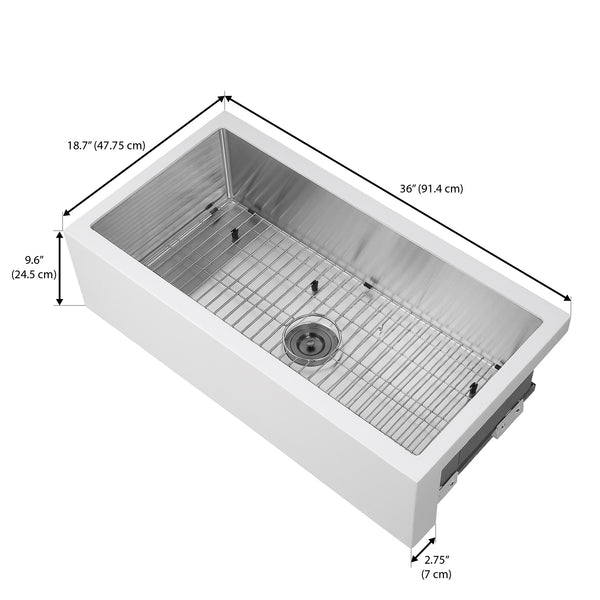 Ancona évier à cuve unique et à tablier frontal sous plan de style campagnard de 36” en blanc et acier inoxydable