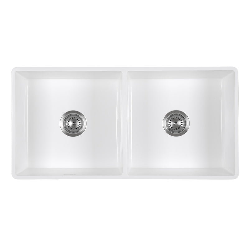 Ancona 36" Undermount Farmhouse 50/50 Double Bowl Apron Front Sink in Pure Acrylic Stone with Grid and Strainer in White