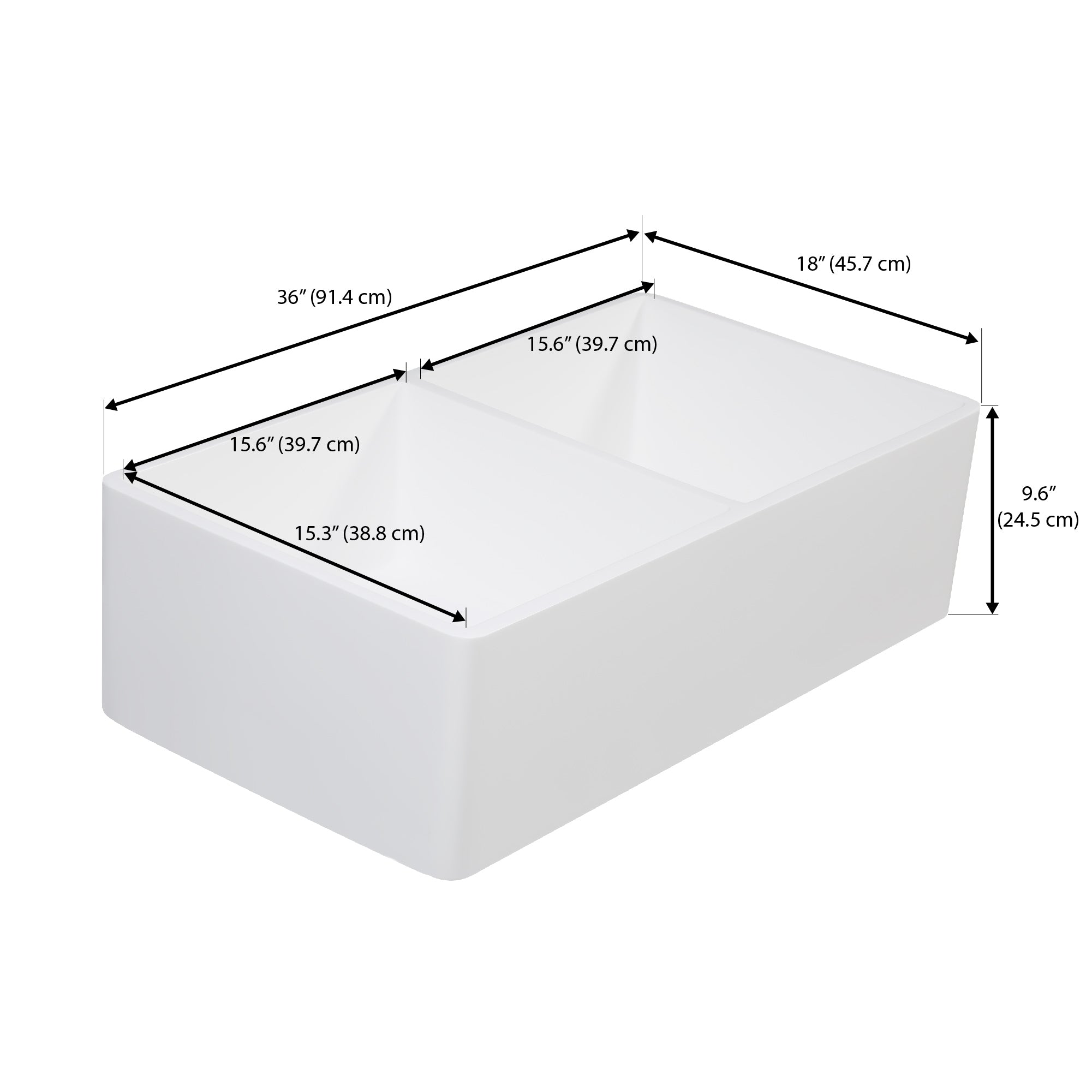 Ancona évier de cuisine à deux cuves de 36” de style campagnard à montage sous plan en pierre acrylique pure en blanc