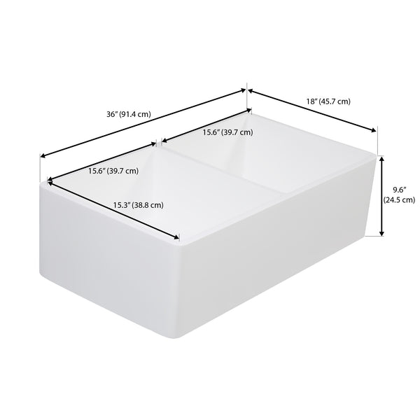 Ancona évier de cuisine à deux cuves de 36” de style campagnard à montage sous plan en pierre acrylique pure en blanc