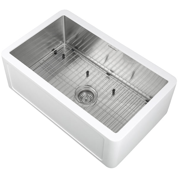 Holbrook Pure Stone Farmhouse 30 in. Single Bowl Kitchen Sink in White and Stainless Steel