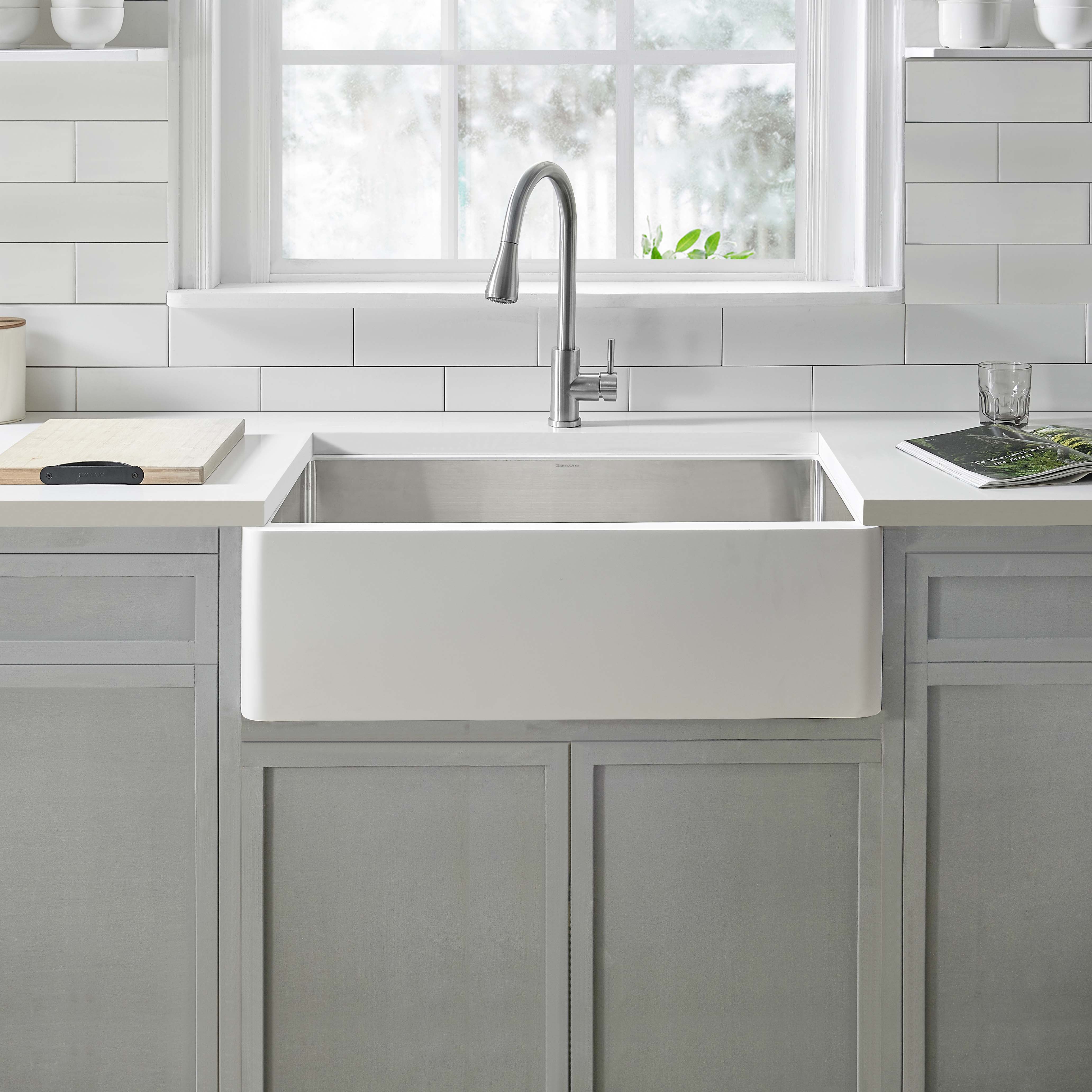 Holbrook Pure Stone Farmhouse 30 in. Single Bowl Kitchen Sink in White and Stainless Steel