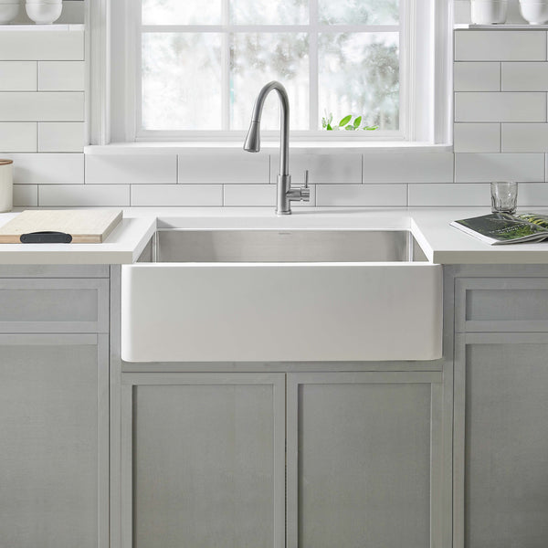 Holbrook Pure Stone Farmhouse 30 in. Single Bowl Kitchen Sink in White and Stainless Steel