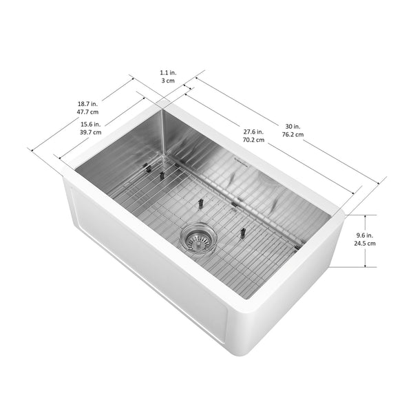 Évier à cuve unique de style campagnard Pure Stone de la gamme Holbrook de 30 po –  fini blanc et acier inoxydable