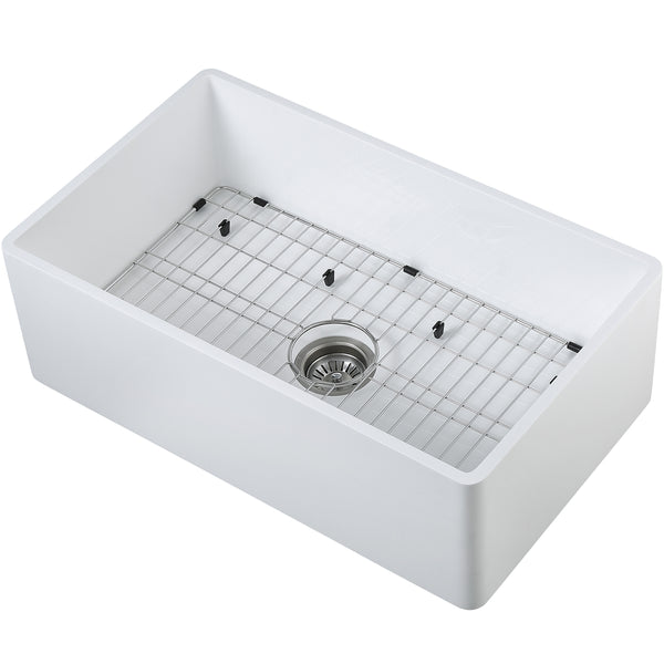 Évier à cuve unique de style campagnard Pure Stone de la gamme Holbrook de 76,2 cm (30 po) avec grille et crépine – fini blanc