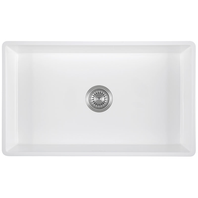 Holbrook Pure Stone Farmhouse 30 in. Single Bowl Kitchen Sink with Grid and Strainer in White Finish