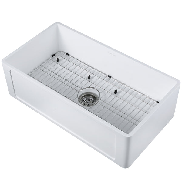 Évier à cuve unique de style campagnard Pure Stone de la gamme Holbrook de 83,8 cm (33 po) avec grille et crépine – fini blanc