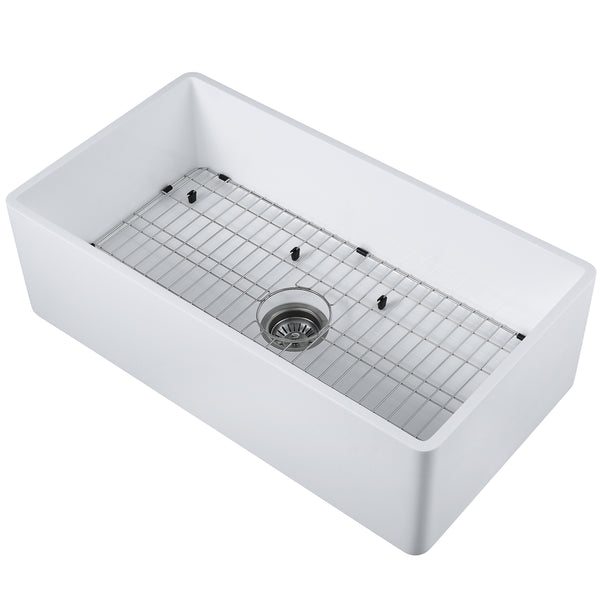 Évier à cuve unique de style campagnard Pure Stone de la gamme Holbrook de 83,8 cm (33 po) avec grille et crépine – fini blanc