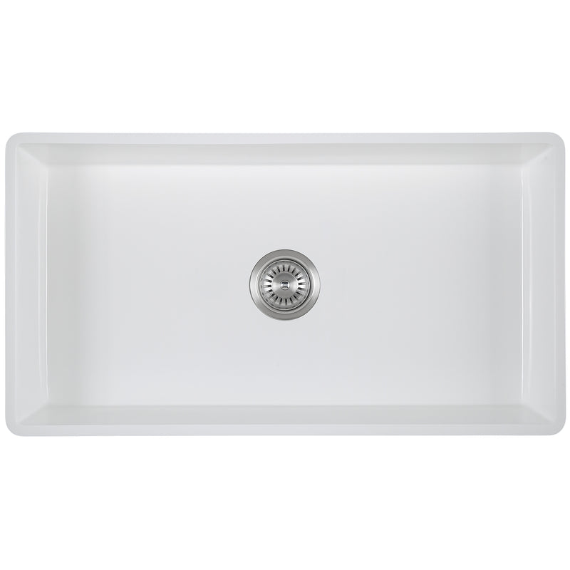 Holbrook Pure Stone Farmhouse 33 in. Single Bowl Kitchen Sink with Grid and Strainer in White