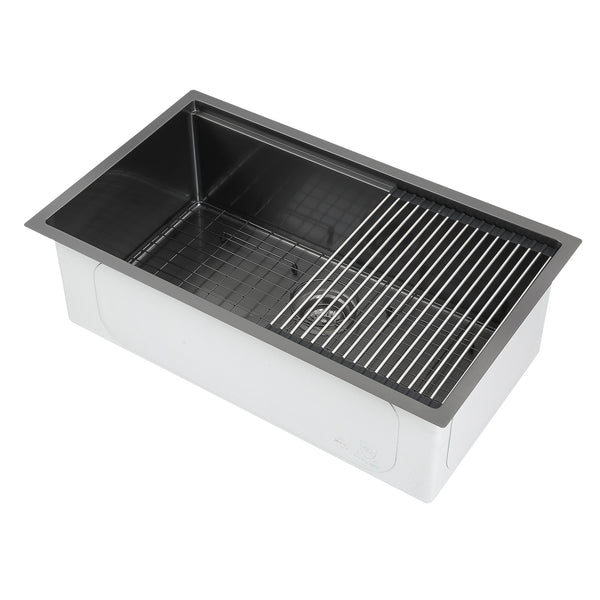 Ancona 32" Single Bowl Undermount Kitchen Sink with Grid and Roll-Up Mat in Black PVD Nano