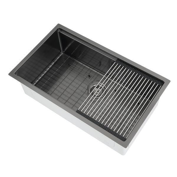 Ancona 32" Single Bowl Undermount Kitchen Sink with Grid and Roll-Up Mat in Black PVD Nano