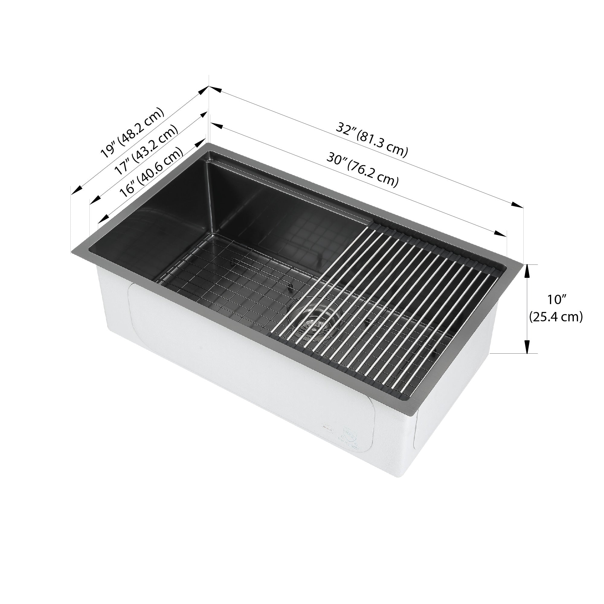 Ancona évier sous plan à cuve unique de 32” avec grille et égouttoir enroulable en PVD nano noir