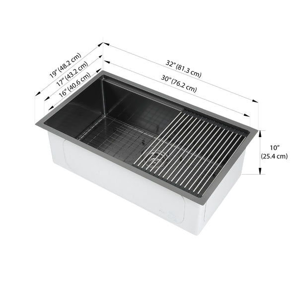 Ancona évier sous plan à cuve unique de 32” avec grille et égouttoir enroulable en PVD nano noir