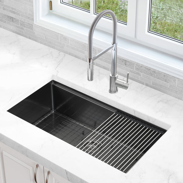 Ancona 32" Single Bowl Undermount Kitchen Sink with Grid and Roll-Up Mat in Black PVD Nano