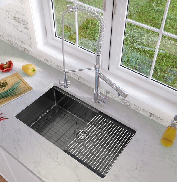 Ancona 32" Single Bowl Undermount Kitchen Sink with Grid and Roll-Up Mat in Black PVD Nano