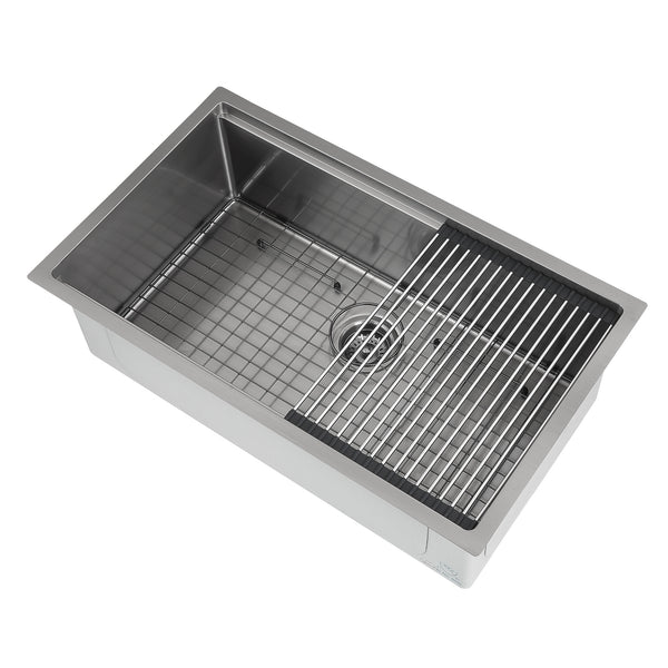 Ancona 32" Single Bowl Undermount Kitchen Sink with Grid and Roll-Up Mat in PVD Gunmetal