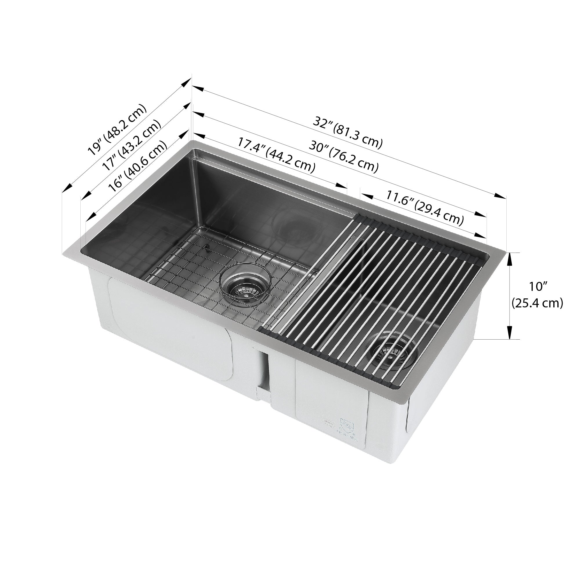 Ancona évier sous plan à deux cuves (60/40) de 32” avec grilles et égouttoirs enroulables en PVD gunmetal