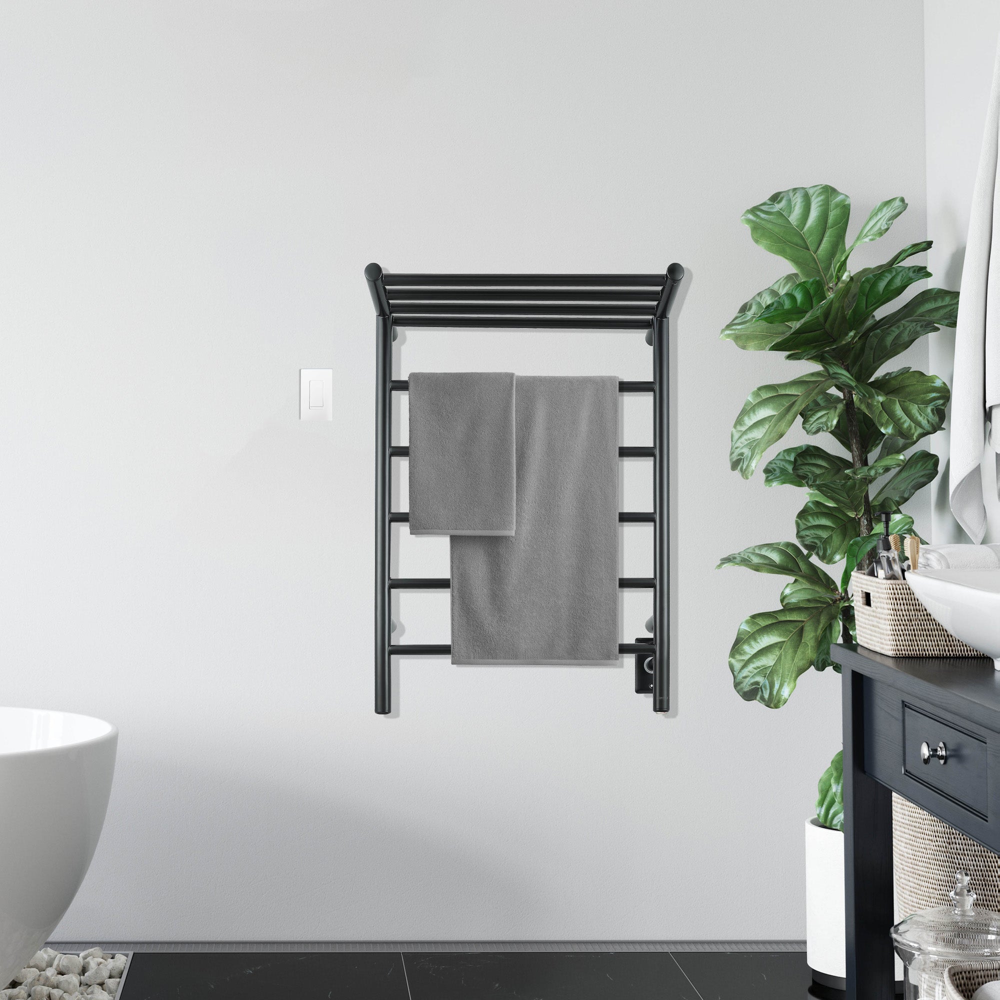 Ancona Miazzo 5-Bar Wall Mount Plug-In and Hardwire Towel Warmer with Shelf, and WiFi Timer in Matte Black