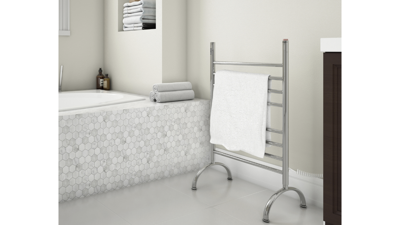 Essentia OBT 8 Bar Floor Mounted Towel Warmer with Integrated On-Board Timer in Brushed Stainless Steel