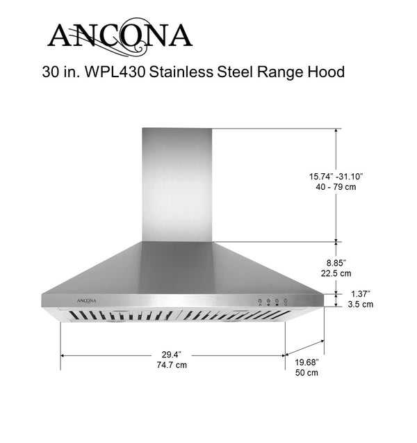 WPL430 30 in. Wall Mounted Pyramid Range Hood in Stainless Steel with LED lights