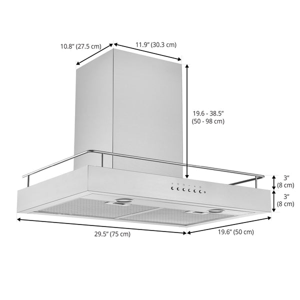 Ancona 30” 450 CFM Convertible Wall Mount Range Hood with Auto Night Light and Built-in shelf in Stainless Steel