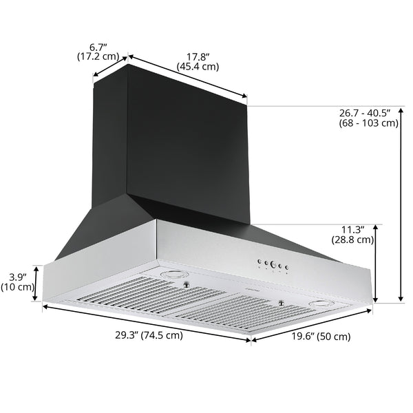 Ancona Pro 30” 600 CFM Wall Mount Pyramid Range Hood in Black and Stainless Steel