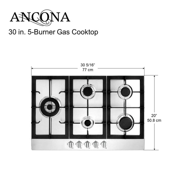 Ancona 30 in. Gas Cooktop in Stainless Steel with 5 Burners and Cast Iron Griddle