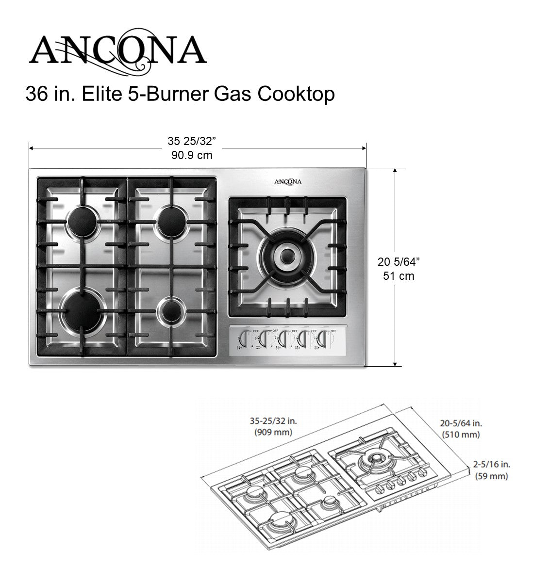 Elite 36-Inch 5-Burner Gas Cooktop with Wok Pan Support