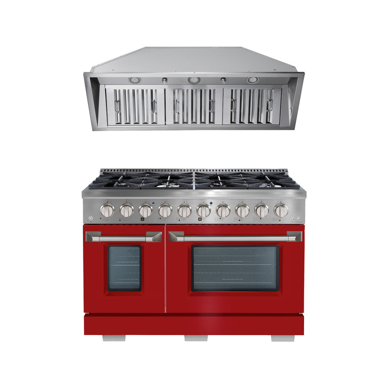 Ensemble de cuisine Ancona avec cuisinière à gaz de 48 po à 8 brûleurs porte rouge mat et hotte encastrable de 600 PCM