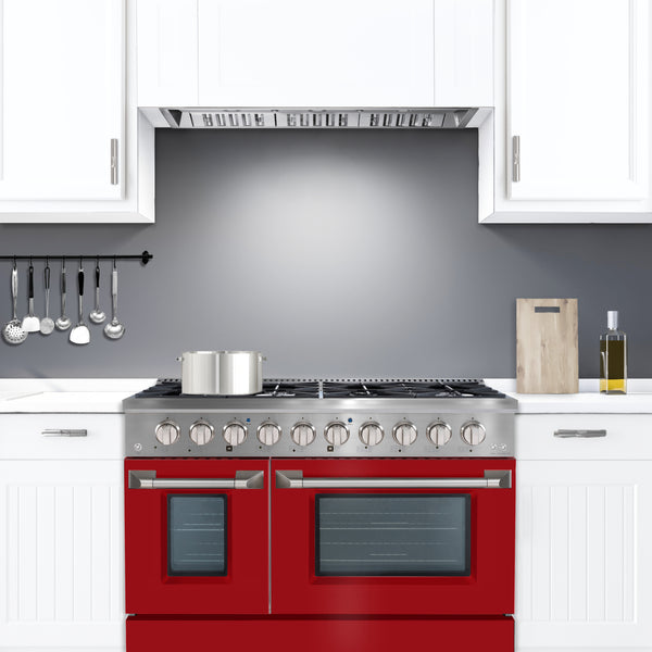 Ancona 2-piece Kitchen Package with 48" 8-burner with Griddle Gas Range and Matte Red Door and 600 CFM Built-In Range Hood