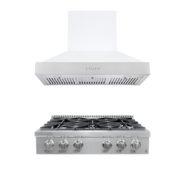 Ancona 2-piece Kitchen Appliance Package with 36" 6-burner Gas Cooktop with 600 CFM  Wall-Mounted Range Hood
