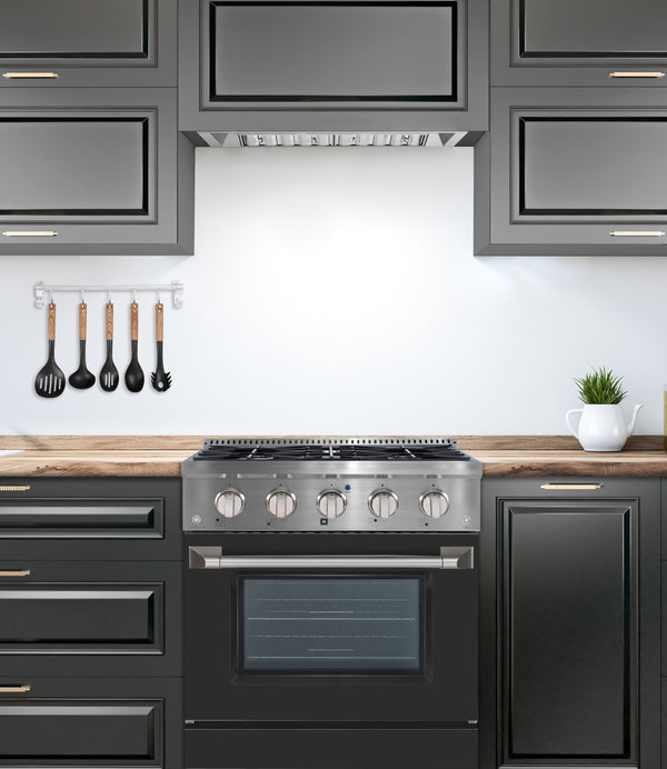 Ancona 2-piece Kitchen Appliance Package with 30” 4-burner Dual Fuel Range with Black Door and 600 CFM Built-In Range Hood