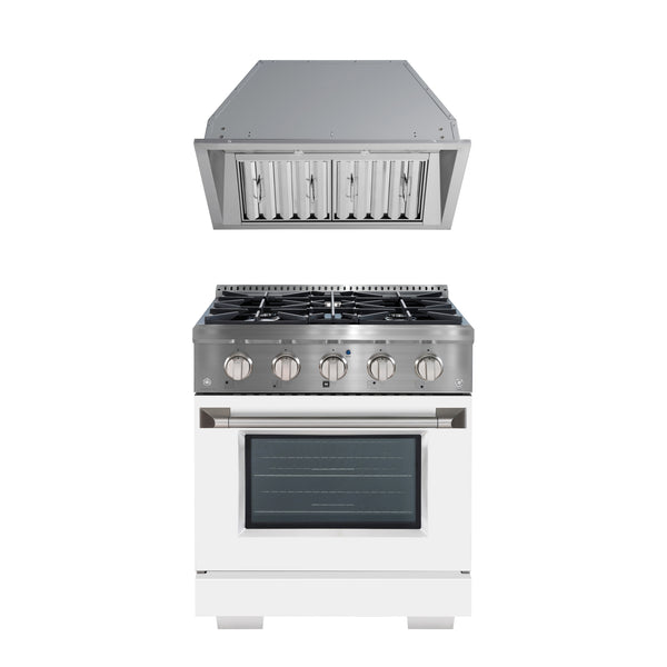 Ancona 2-piece Kitchen Appliance Package with 30” Dual Fuel Range with White Door and 28” 600 CFM Built-in Range Hood