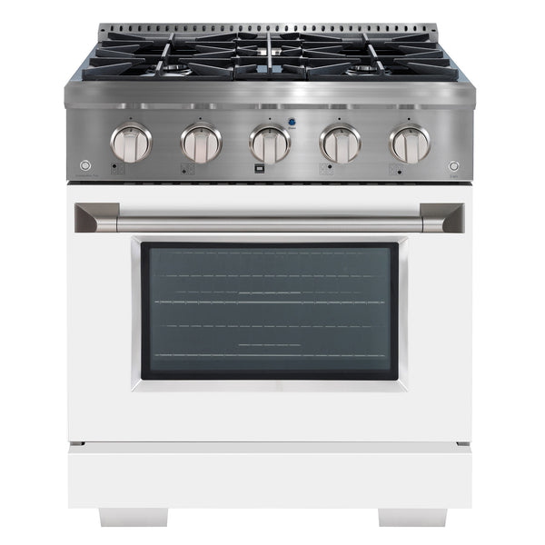 Ancona 2-piece Kitchen Appliance Package with 30” Dual Fuel Range with White Door and 28” 600 CFM Built-in Range Hood
