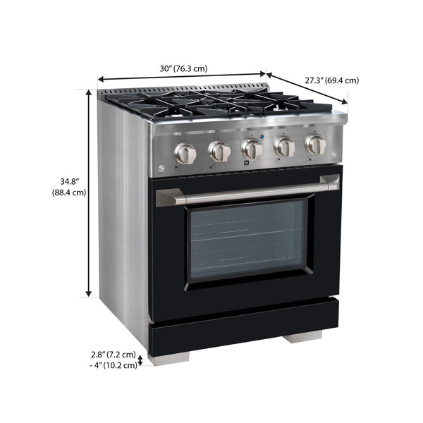 Ancona 2-piece Kitchen Appliance Package with 30” Dual Fuel Range with Black Door and 600 CFM Wall-Mounted Range Hood