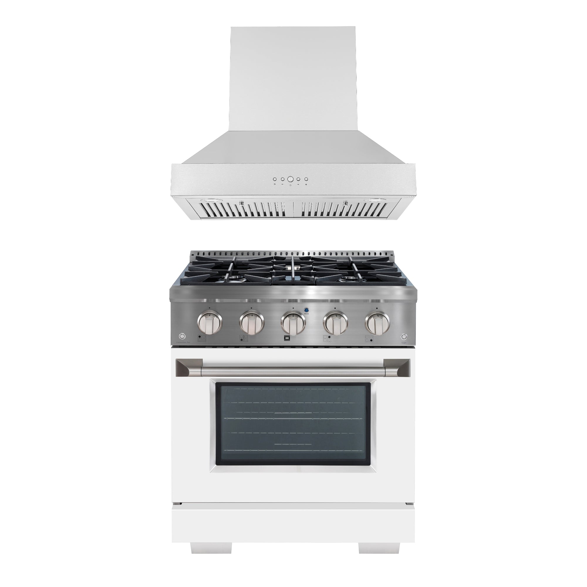 Ancona 2-piece Kitchen Appliance Package with 30” Dual Fuel Range with White Door and 600 CFM Wall-Mounted Range Hood
