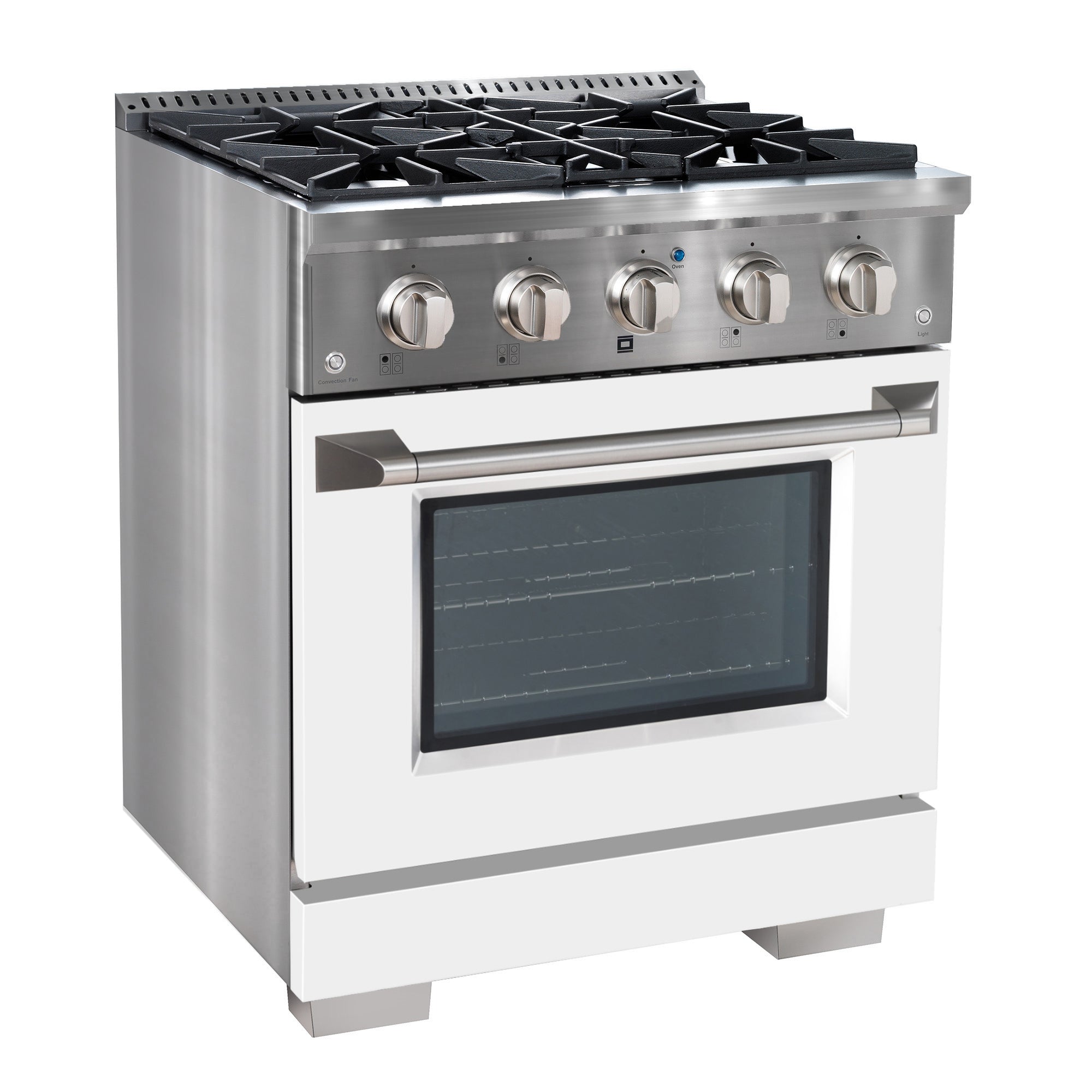Ancona 2-piece Kitchen Appliance Package with 30” Dual Fuel Range with White Door and 600 CFM Wall-Mounted Range Hood