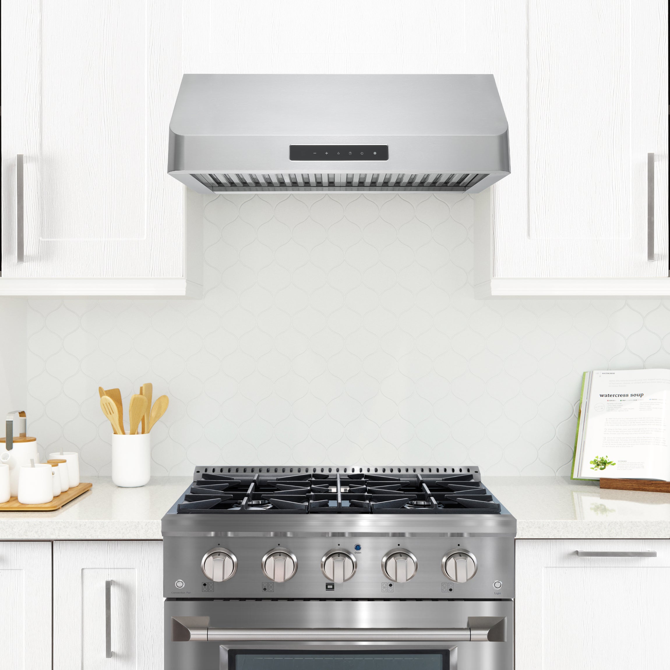 Ancona 2-piece Kitchen Appliance Package with 30” Dual Fuel Range and 650 CFM Under Cabinet Range Hood with Night Light