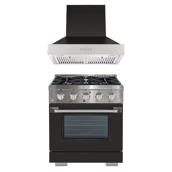 Ancona 2-piece Kitchen Appliance Package with 30” Dual Fuel Range and 600 CFM Wall-Mounted Range Hood in Black and Stainless
