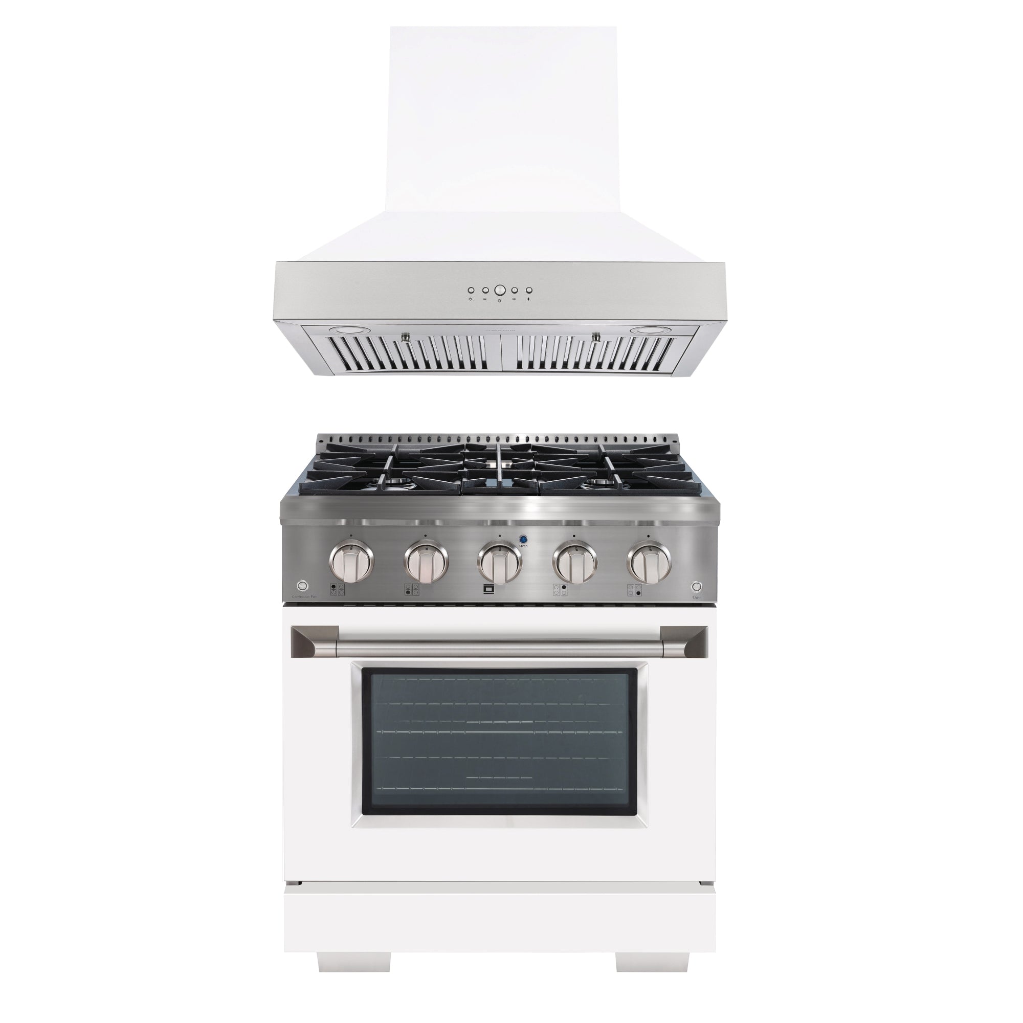 Ancona 2-piece Kitchen Appliance Package with 30” Dual Fuel Range with White Door and 600 CFM White Wall-Mounted Range Hood
