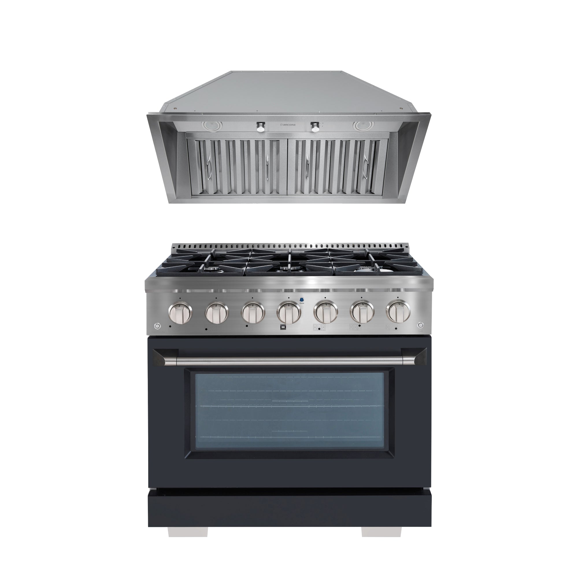 Ancona 2-piece Kitchen Appliance Package with 36” Dual Fuel Range with Black Door and 34”600 CFM Ducted Built-in Range Hood