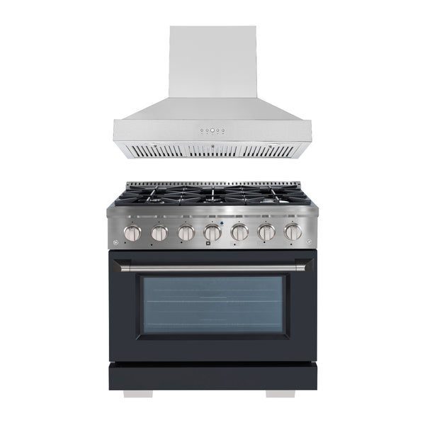 Ancona 2-piece Kitchen Appliance Package with 36" Dual Fuel Range with Black Door and 600 CFM Ducted Wall-Mounted Range Hood