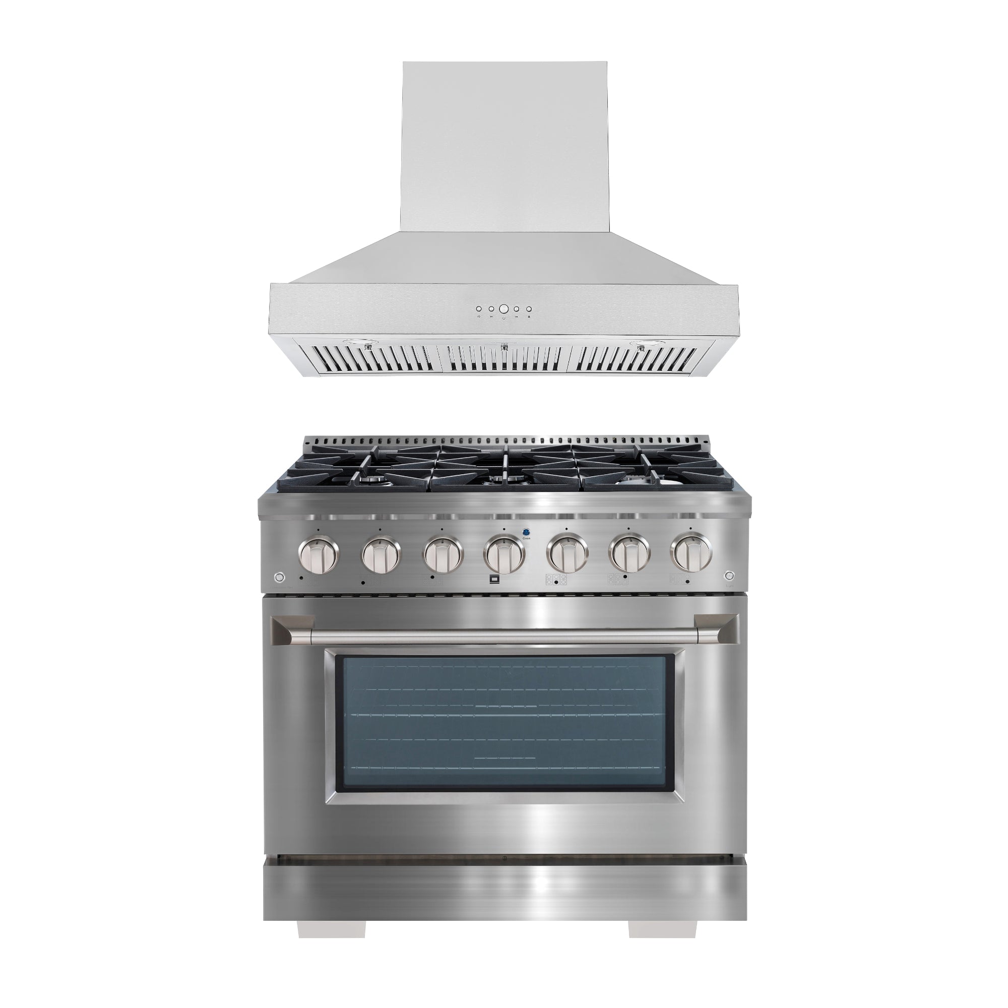 Ancona 2-piece Kitchen Appliance Package with 36” Dual Fuel Freestanding Range and 600 CFM Ducted Wall-Mounted Range Hood