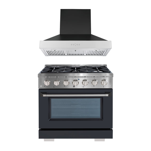 Ancona 2-piece Kitchen Appliance Package with 36” Dual Fuel Range and 600 CFM Wall-Mounted Range Hood in Black and Stainless