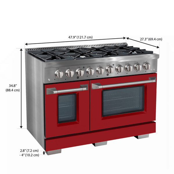 Ancona 2-piece Kitchen Package with 48" Dual Fuel Range with Griddle and Matte Red Door and 600 CFM Built-In Range Hood