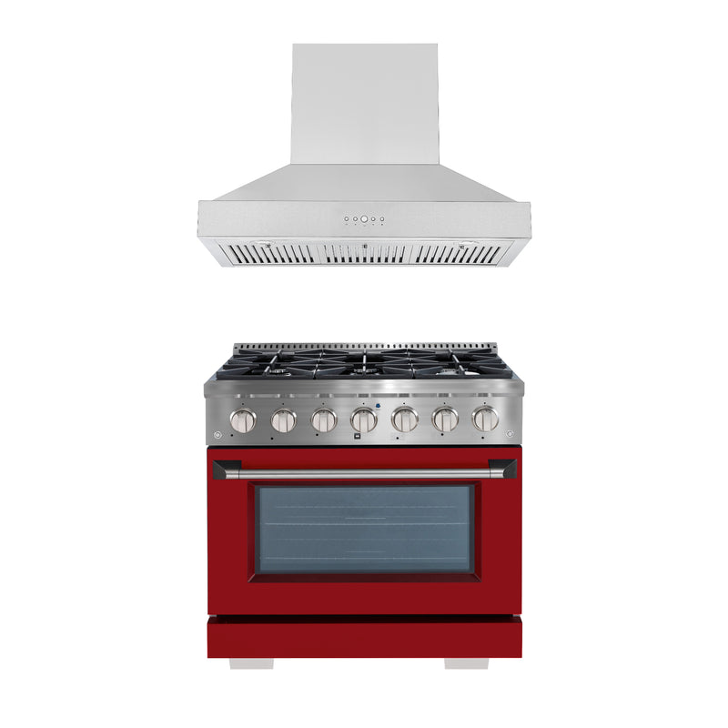 Ancona 2-piece Kitchen Appliance Package with 36" Gas Range with Matte Red Door and 600 CFM Ducted Wall-Mounted Range Hood