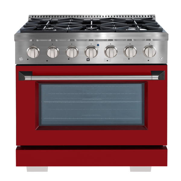 Ancona 2-piece Kitchen Appliance Package with 36" Gas Range with Matte Red Door and 600 CFM Ducted Wall-Mounted Range Hood