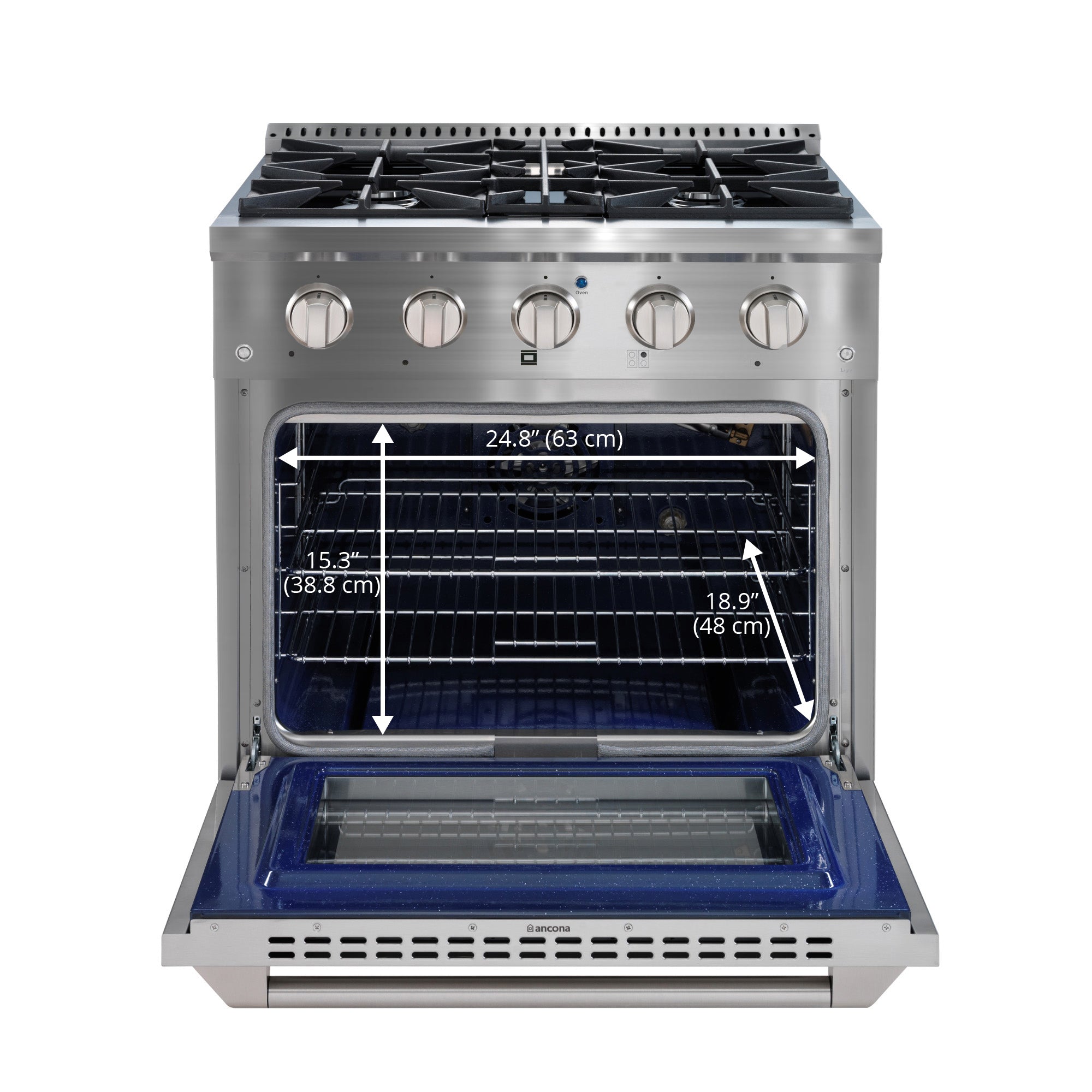 Ancona 30” 4.2 cu. ft. Gas Range with 4 Burners and Convection Oven in Stainless Steel